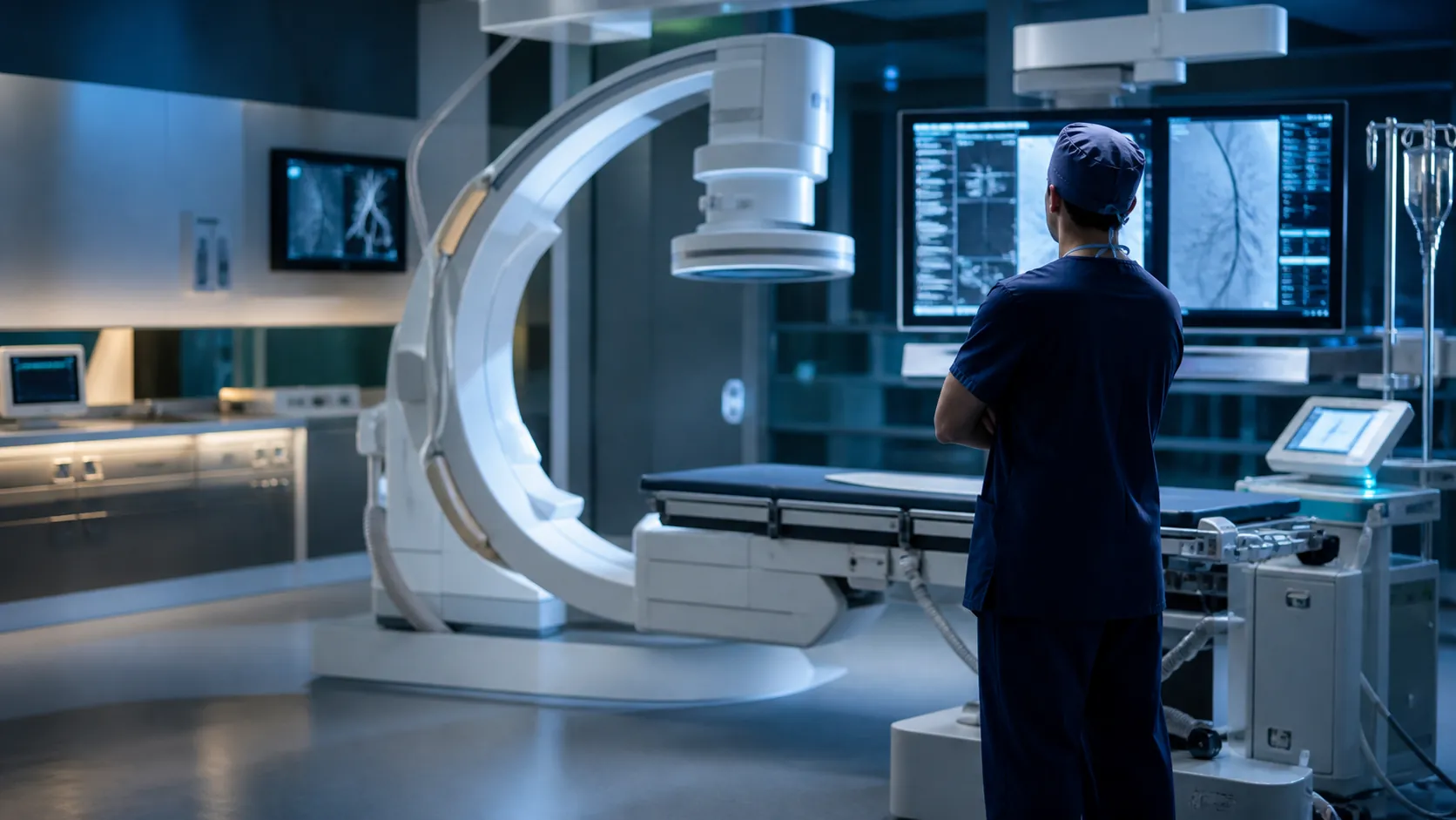 Sala de radiologia intervencionista preparada para procedimento vascular